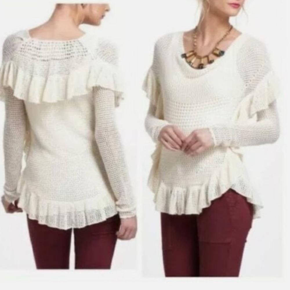 Anthropologie Angel of the North Cream Knit Crochet Ruffle Top Size Large
